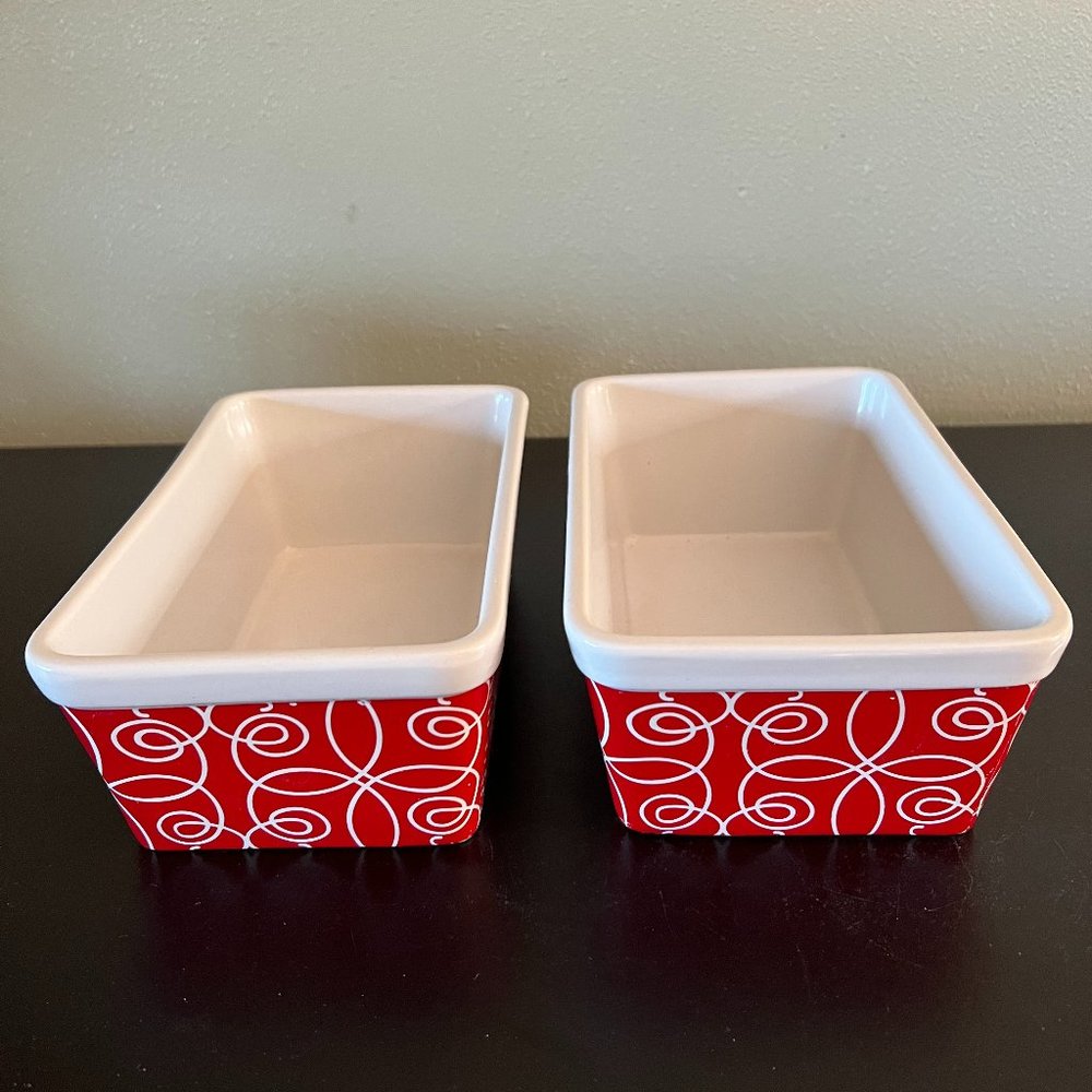 2  Kris Ruff Stoneware Loaf Pans ~ Blue Harbor Collection ~ Red with White